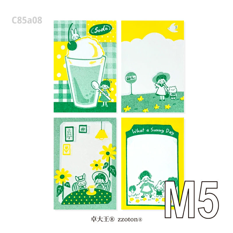 Molinta - Yellow and Green M5 Memo Pad
This includes 4 different designs that were created through a risograph printing process to achieve a nostalgic feel. The colors vary in depth, and the images on each sheet will have slight color registration deviations which is the unique feature of RISO printing.
Specifications: 67mm x105mm
Material: 100g cotton paper
Number of pages: 16