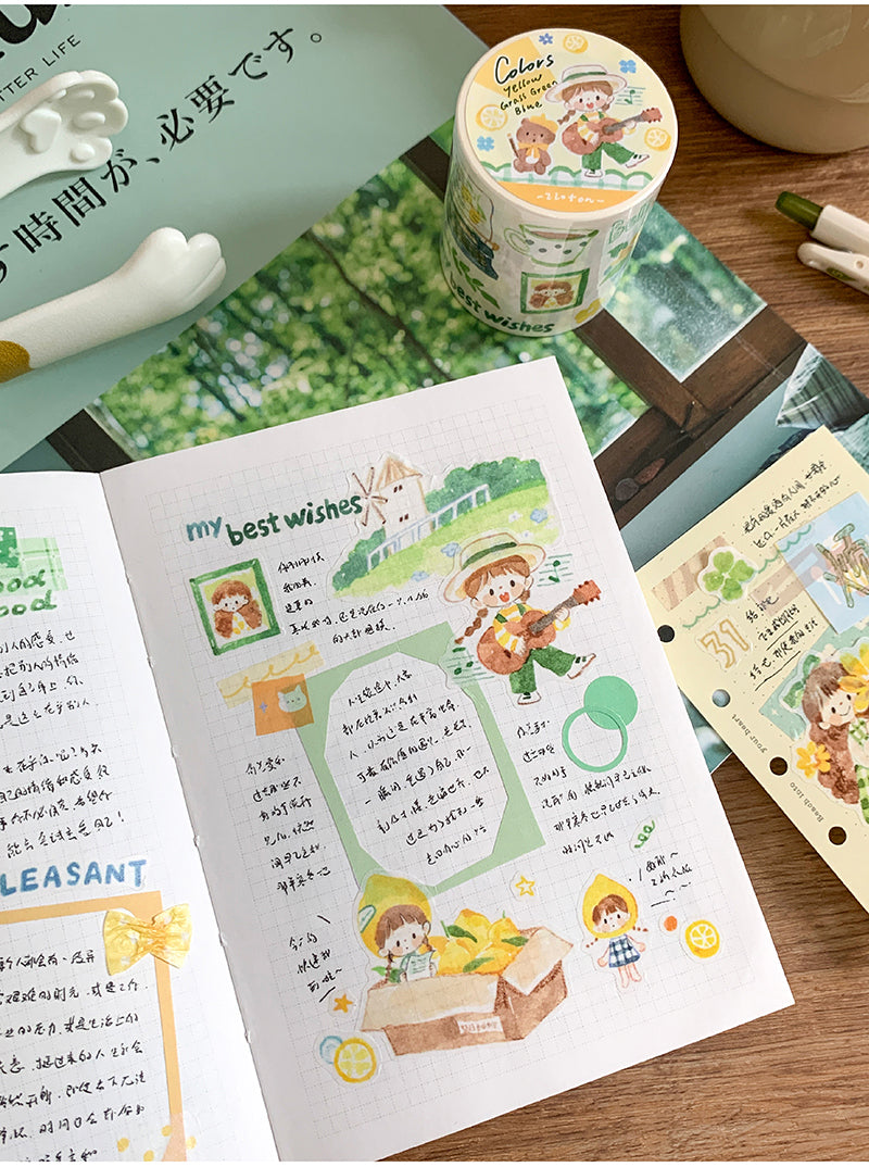 Molinta Colors: Yellow, Grass Green, and Blue Washi Tapes zzoton Journaling Spreads kiss cut washi Tapes