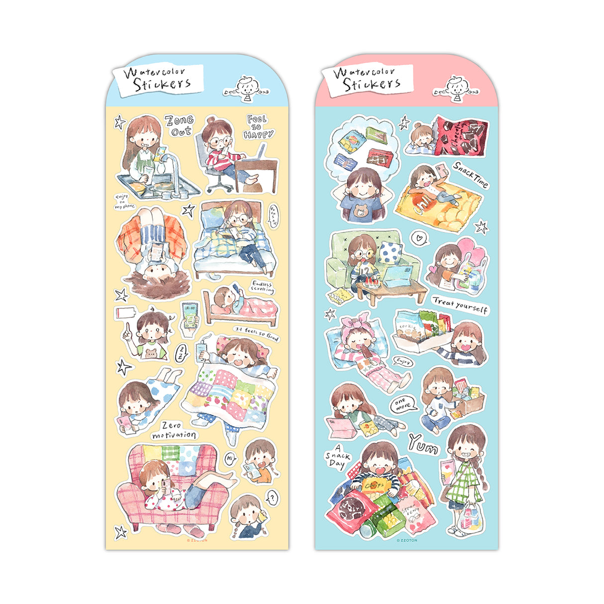 Featuring an adorable collection of relatable watercolor illustrations, this sticker sheet adds a personal, whimsical touch to planners, cards, photo albums, and creative projects. Each design is printed on durable writing paper with vibrant colors for easy decoration!