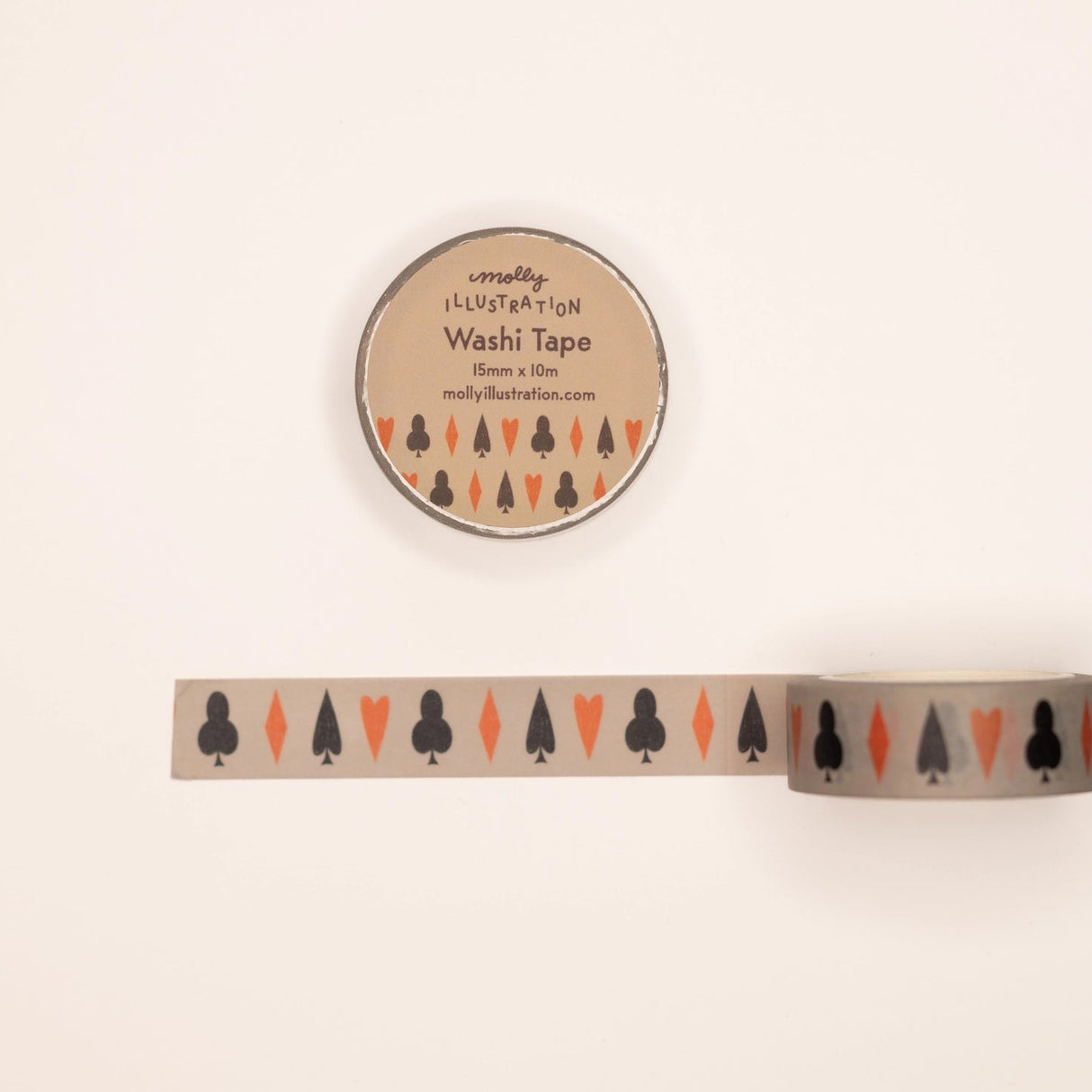 Molly Illustration - Card Suits Decorative Washi Tape
This washi tape is my own original design.
Each decorative washi tape roll is 15mm wide and 10m in length and comes vacuum sealed in plastic with a matching sticker label.