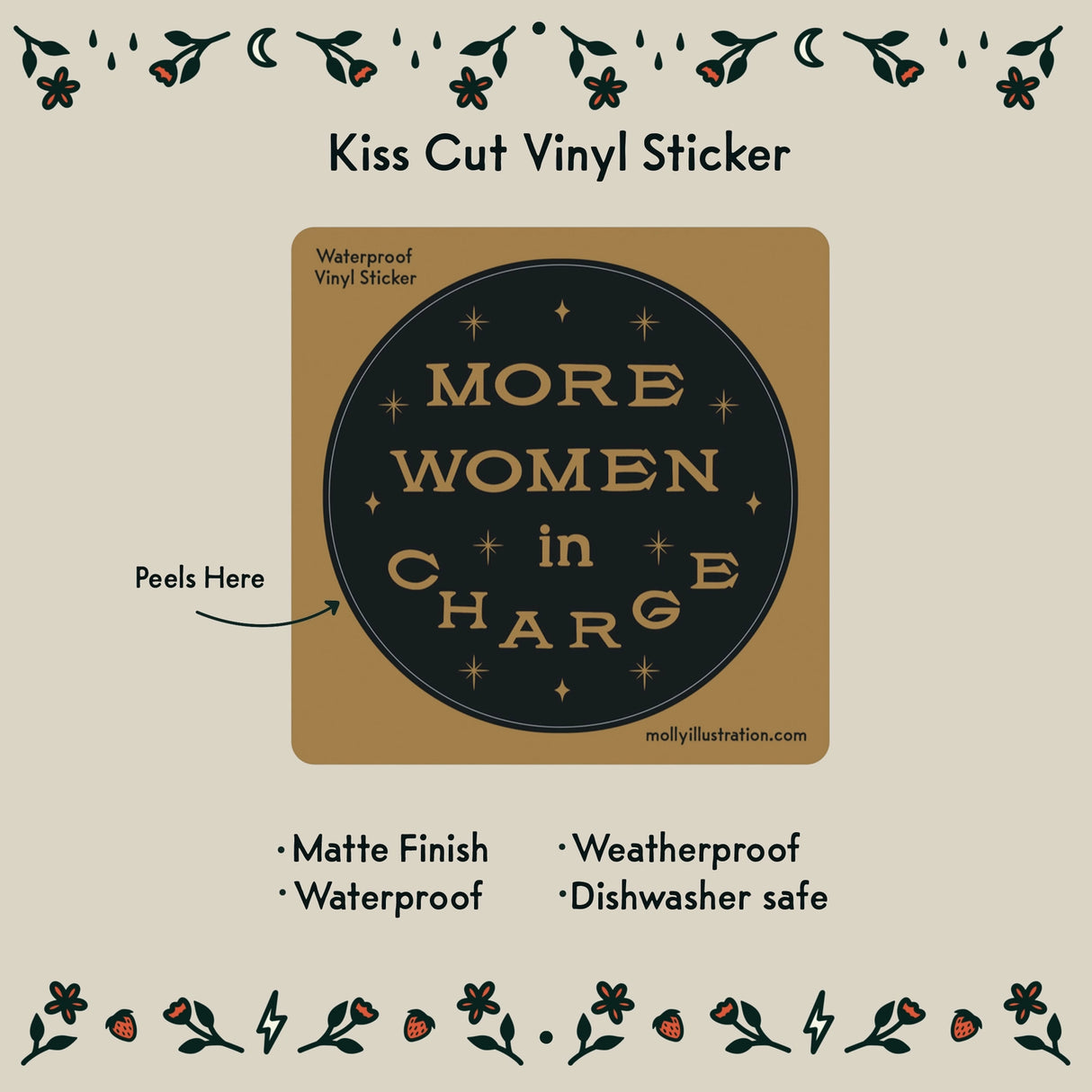 More Women In Charge Vinyl Sticker by Molly Illustration
This kiss cut sticker of my original artwork is printed on waterproof vinyl. Perfect for water-bottles, laptops, notebooks, helmets, bikes, skateboards and more.