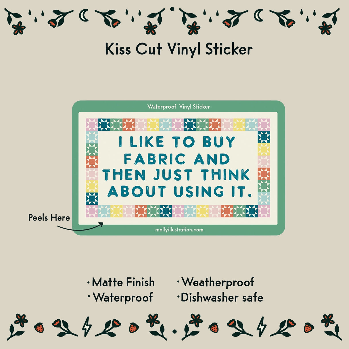 This kiss cut sticker of my original artwork is printed on waterproof vinyl. Perfect for water-bottles, laptops, notebooks, helmets, bikes, skateboards and more.