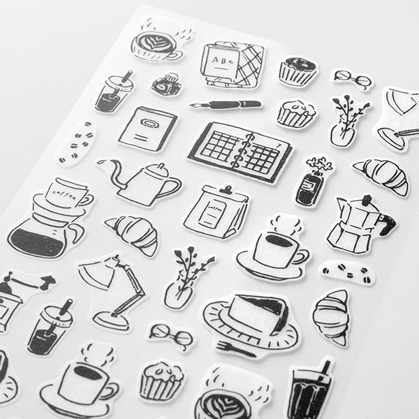 The "Monotone Cafe Pattern" also includes motifs such as coffee, fountain pens, and ink.
A wide variety of sticker designs to use with your notebook
These peel-and-stick washi stickers will make your daily records more fun. Simply stick them freely on the margins of your notebook to create a gorgeous page. It comes in a pack of 2 sheets, a small size that is perfect for monthly blocks and a large size that is convenient for filling in the blanks.