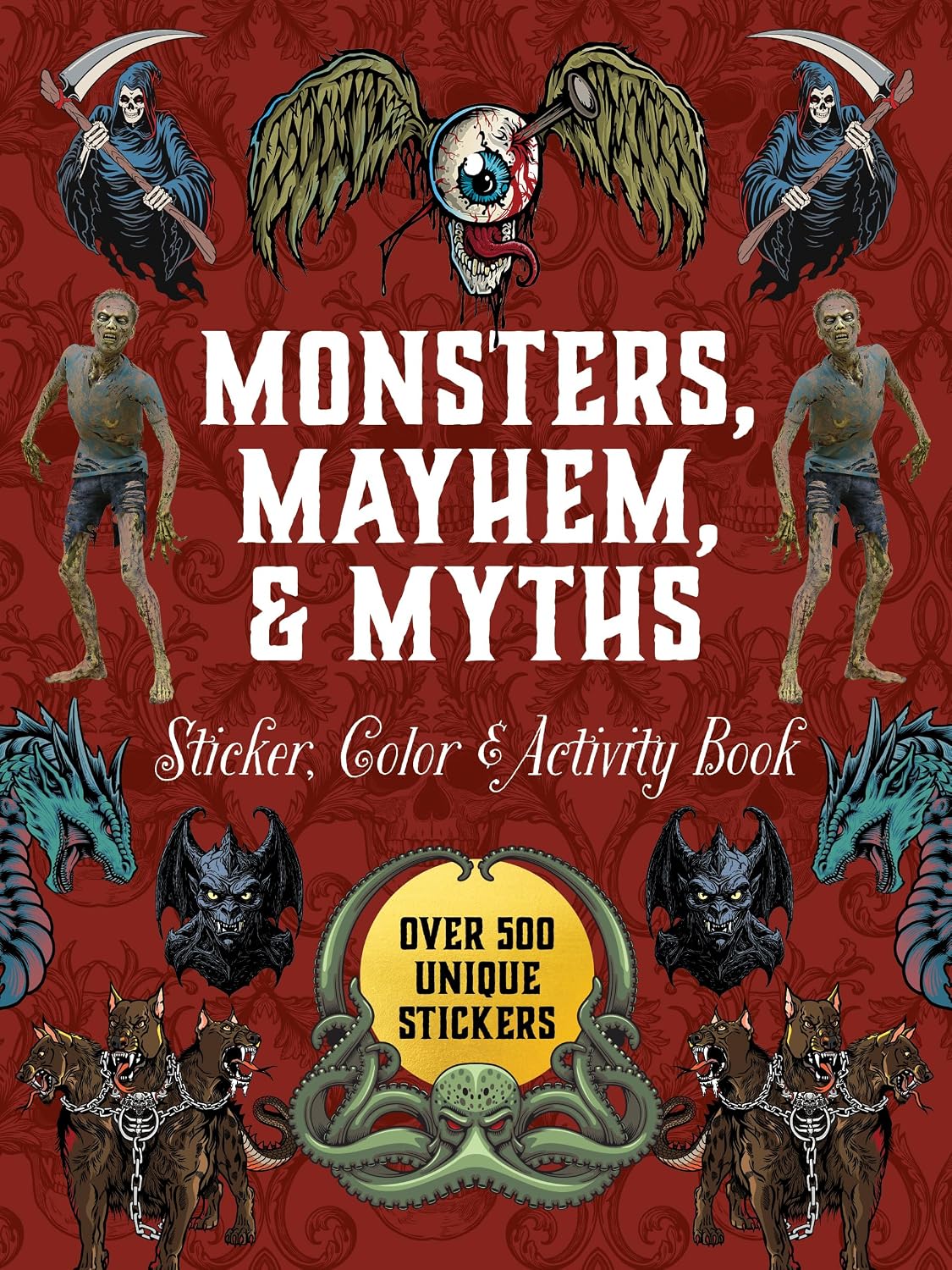 Explore the dark and macabre world of mythology and monsters with 500+ stickers, 50+ activity pages, puzzles, and trivia.
With the Monsters, Mayhem, and Myths Sticker, Color & Activity Book, you can express both your creative and dark side with:
Exquisitely illustrated stickers: Use them to decorate envelopes, gift wrap, letters, scrapbooks, journals, or photo albums. On the backs of the sticker pages are quotes about various monsters and myths.
Creepy coloring pages, featuring line-drawn images of all k