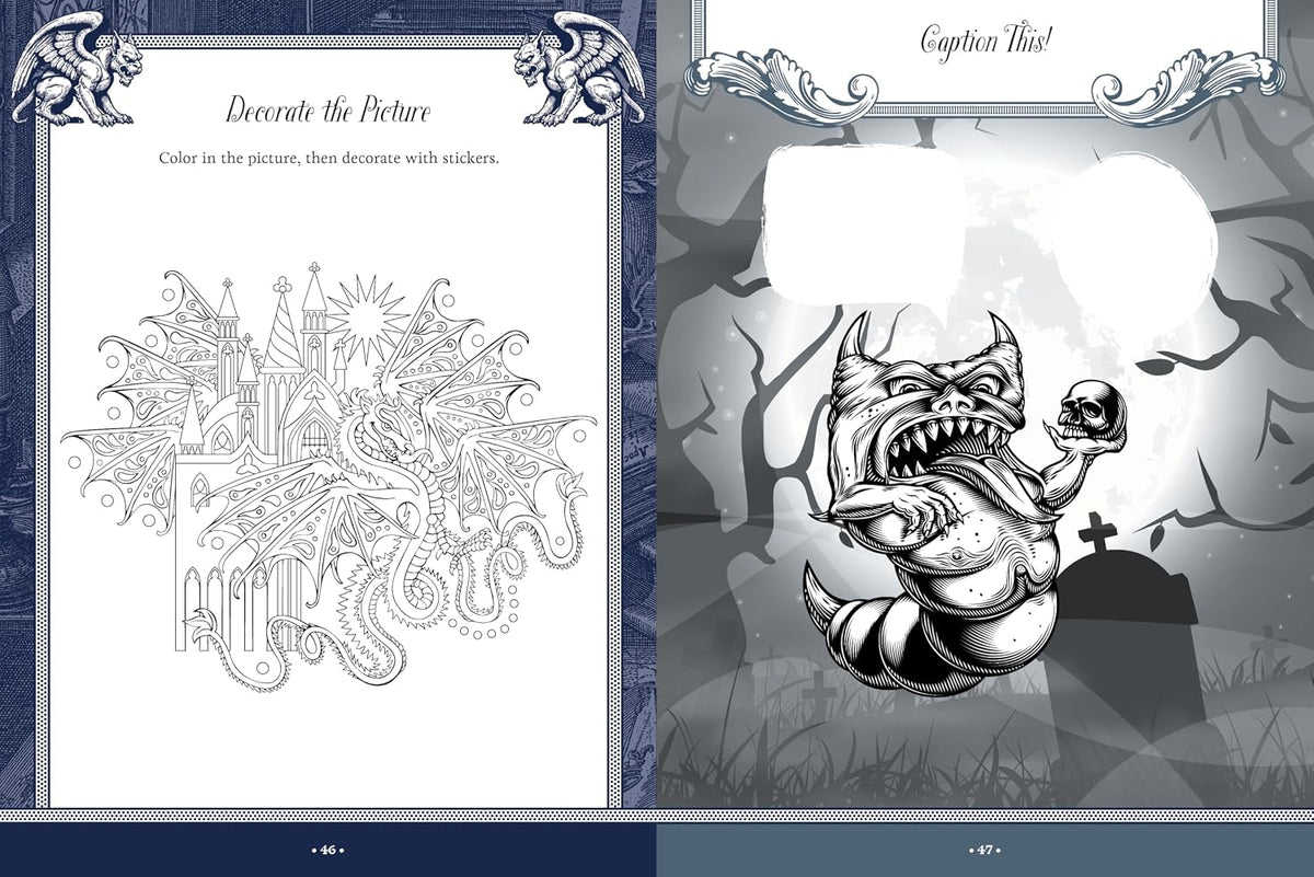 Explore the dark and macabre world of mythology and monsters with 500+ stickers, 50+ activity pages, puzzles, and trivia.
With the Monsters, Mayhem, and Myths Sticker, Color & Activity Book, you can express both your creative and dark side with:
Exquisitely illustrated stickers: Use them to decorate envelopes, gift wrap, letters, scrapbooks, journals, or photo albums. On the backs of the sticker pages are quotes about various monsters and myths.
Creepy coloring pages, featuring line-drawn images of all k