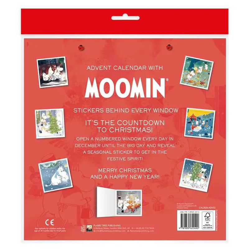 In every window, a delightful sticker of a Moomin character or object. A fine new art advent calendar from Flame Tree.
Enjoy the countdown to Christmas! Open a numbered window every day in December until the big day and reveal a seasonal image to help you get in the festive spirit! Featuring a delightful snowy Moomin scene, each window reveals an image from Tove Jansson's beloved Moomin world. Printed on FSC-certified paper.