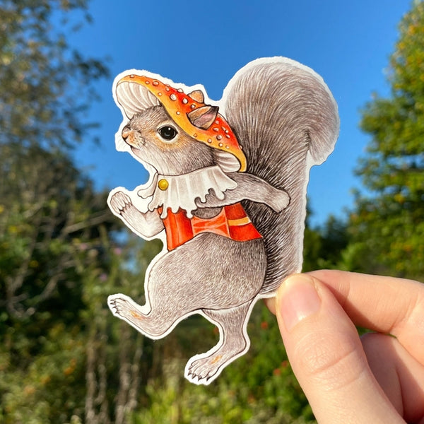 Mushroom Hat Gray Squirrel Large Vinyl Sticker
