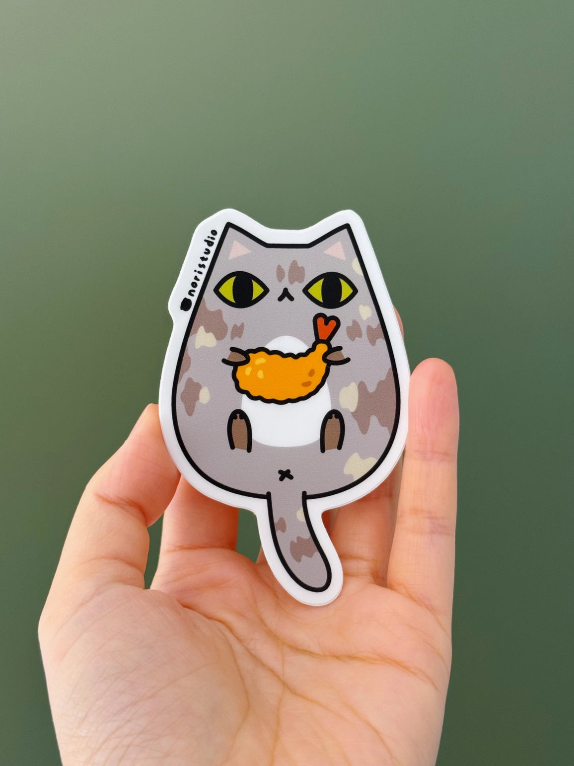 Muted Tortie Cat with Shrimp Tempura Vinyl Sticker