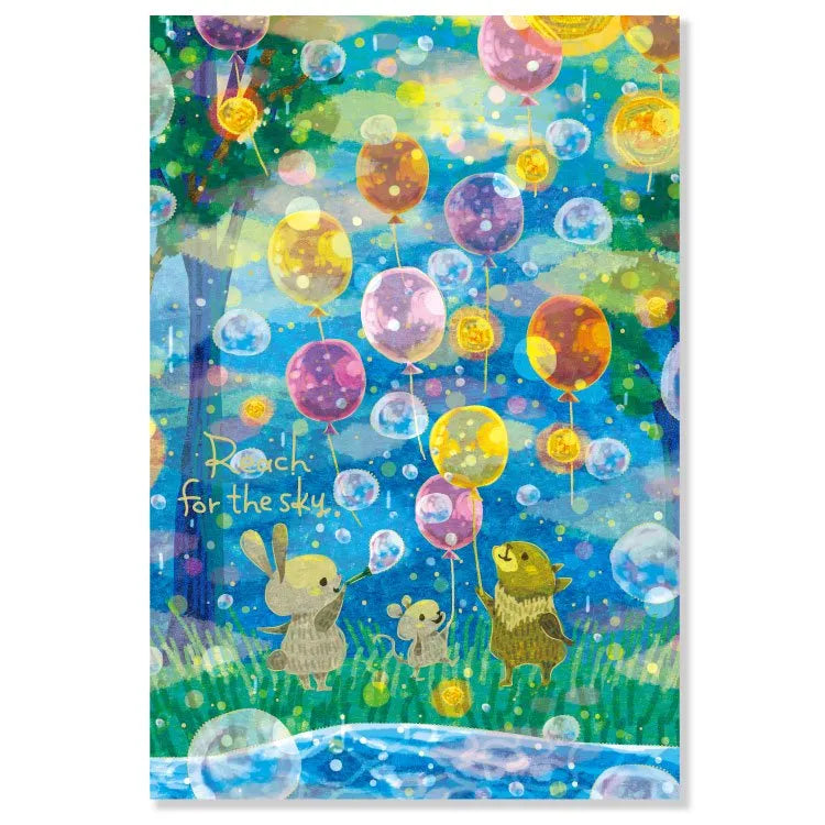 This is a postcard of cute animals by illustrator "Muumegu", who has a retro and antique world view. This postcard depicts cute animals releasing balloons and blowing bubbles with gold foil details encouraging you to reach for the sky.
4in x 5.8in