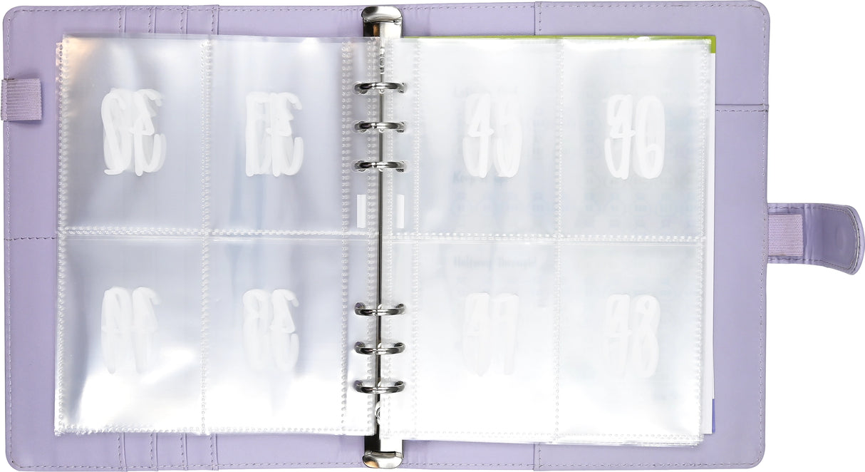 Sturdy 6-ring binder with magnetic closure flap comes with 100 pre-numbered envelopes. Use them to save $100, $1,020, or $5,050! Includes 3 reusable tracker cards. Inside cover pockets hold your cash until you've saved enough to move it into the appropriate envelope. See your savings build as you fill each envelope and track each contribution! Before you know it, you'll have reached your 100th envelope, achieving Super Saver status!
Binder measures 6-3/4'' wide x 9-1/8'' high.
Instructions and 3 reusable t