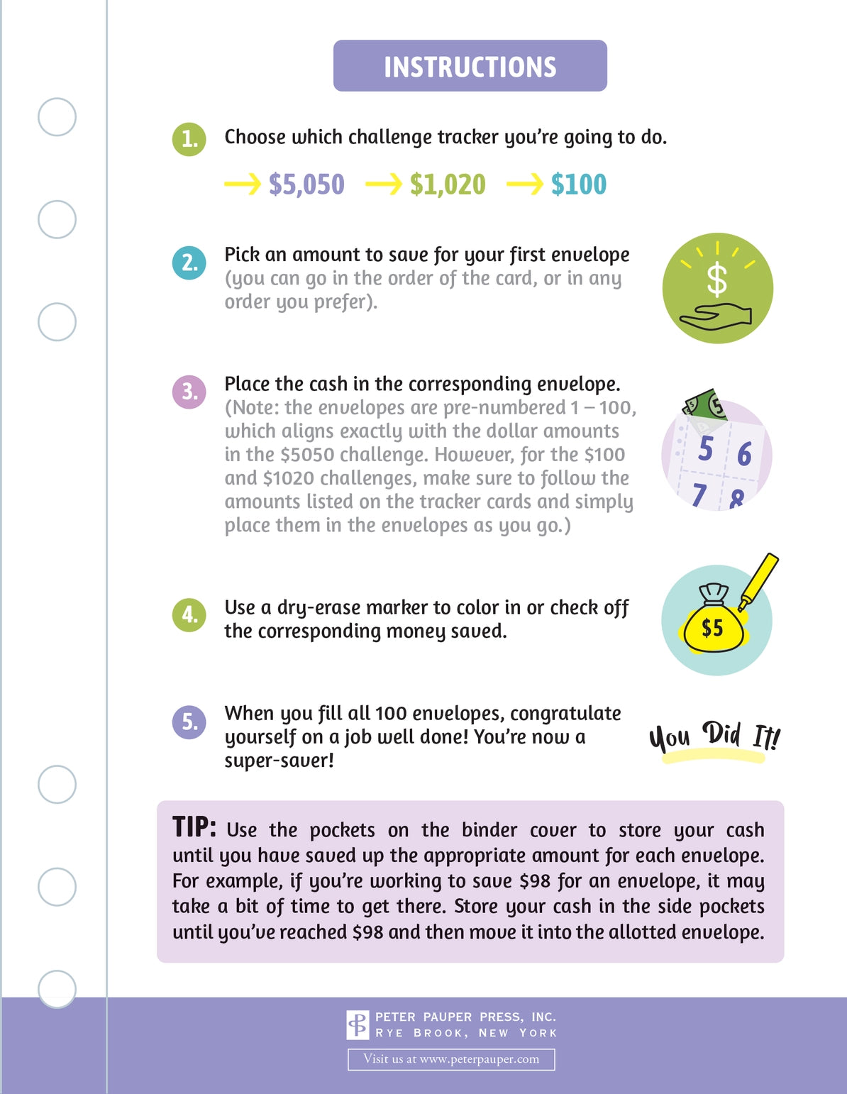 Sturdy 6-ring binder with magnetic closure flap comes with 100 pre-numbered envelopes. Use them to save $100, $1,020, or $5,050! Includes 3 reusable tracker cards. Inside cover pockets hold your cash until you've saved enough to move it into the appropriate envelope. See your savings build as you fill each envelope and track each contribution! Before you know it, you'll have reached your 100th envelope, achieving Super Saver status!
Binder measures 6-3/4'' wide x 9-1/8'' high.
Instructions and 3 reusable t