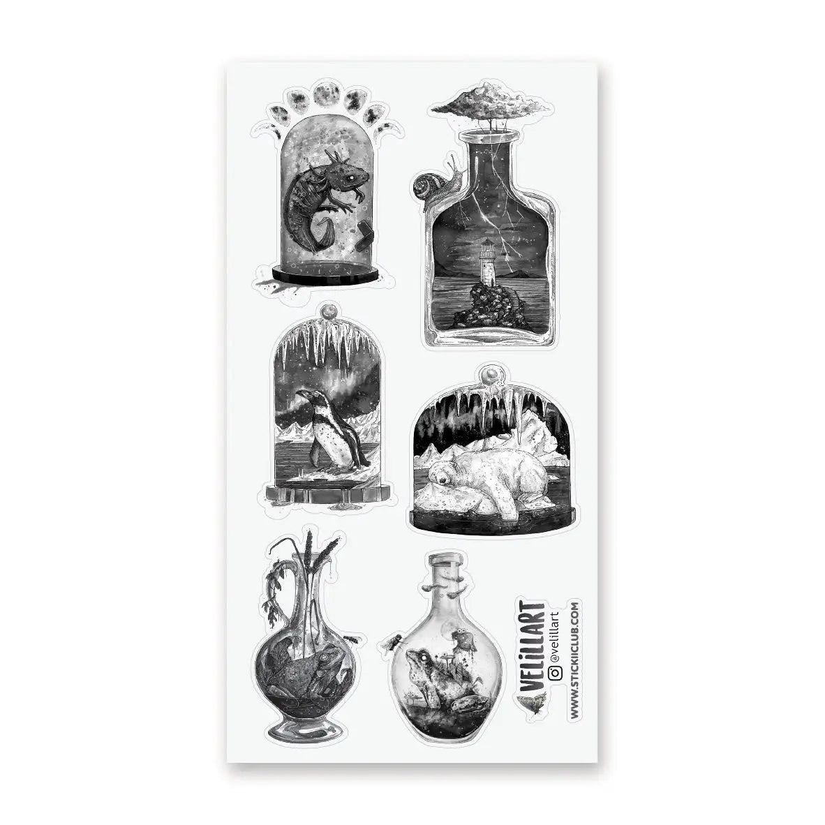 STICKII - Mysterious Little Worlds Sticker Sheet
🌩️🐻❄️ Something strange is brewing in @velillart's bottled-up world of wonders! Featuring a lighthouse amidst a storm, polar dreams of ice, and the curious lives of snails, frogs, and a mystical axolotl. This sheet feels like a cabinet of bottled curiosities gathered by a traveler who’s seen places no map could ever capture. Art by: @velillart
Top Coating: None
Adhesive Layer: Paper
Backing Layer: Clear PET
6.69"x3.54"
Weight: 0.03oz
1 Sheet Included