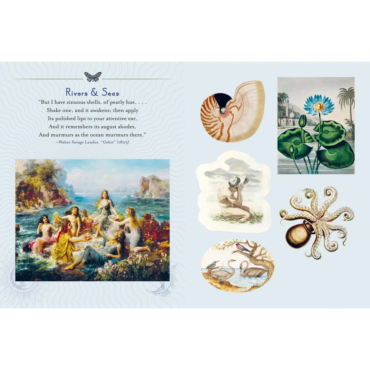 This sticker book features more than 400 nature-themed artworks, both vintage and vintage inspired, celebrating the bounty and magic of Earth. The book is organized into six sections devoted to the vibrant diversity of our planet: Rivers; Seas, Earth; Harvest, Mountains; Sky, Forests; Woodlands, Gardens; Flowers, and Deserts, Prairies; Plains and the corresponding flora, fauna, gods, goddesses, fairies, and other mystical creatures. Each section is introduced with a poetic thematic quote.
The stickers are