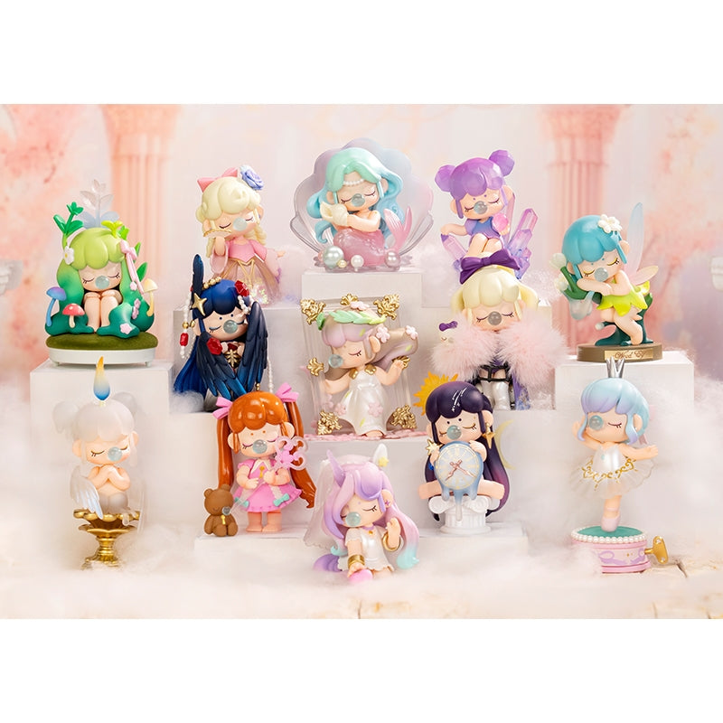 A collection of small, detailed figurines depicting various characters in pastel colors, displayed in a whimsical museum setting with a sign reading 'Nanci Museum of Fantasy'.