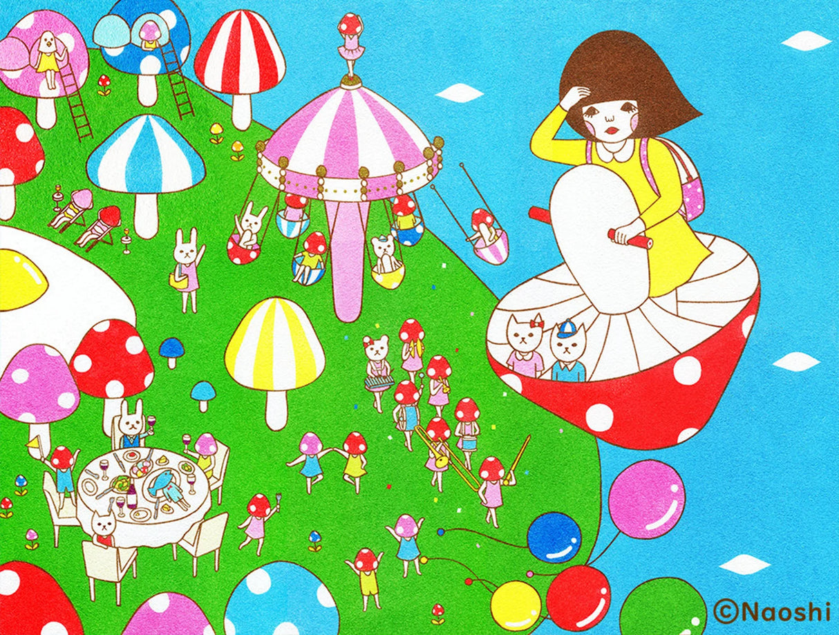 Naoshi Mushroom Land Postcard
These postcards are featuring striking colorful and whimsical world. Artwork made with colored sand and then scans them in high quality.