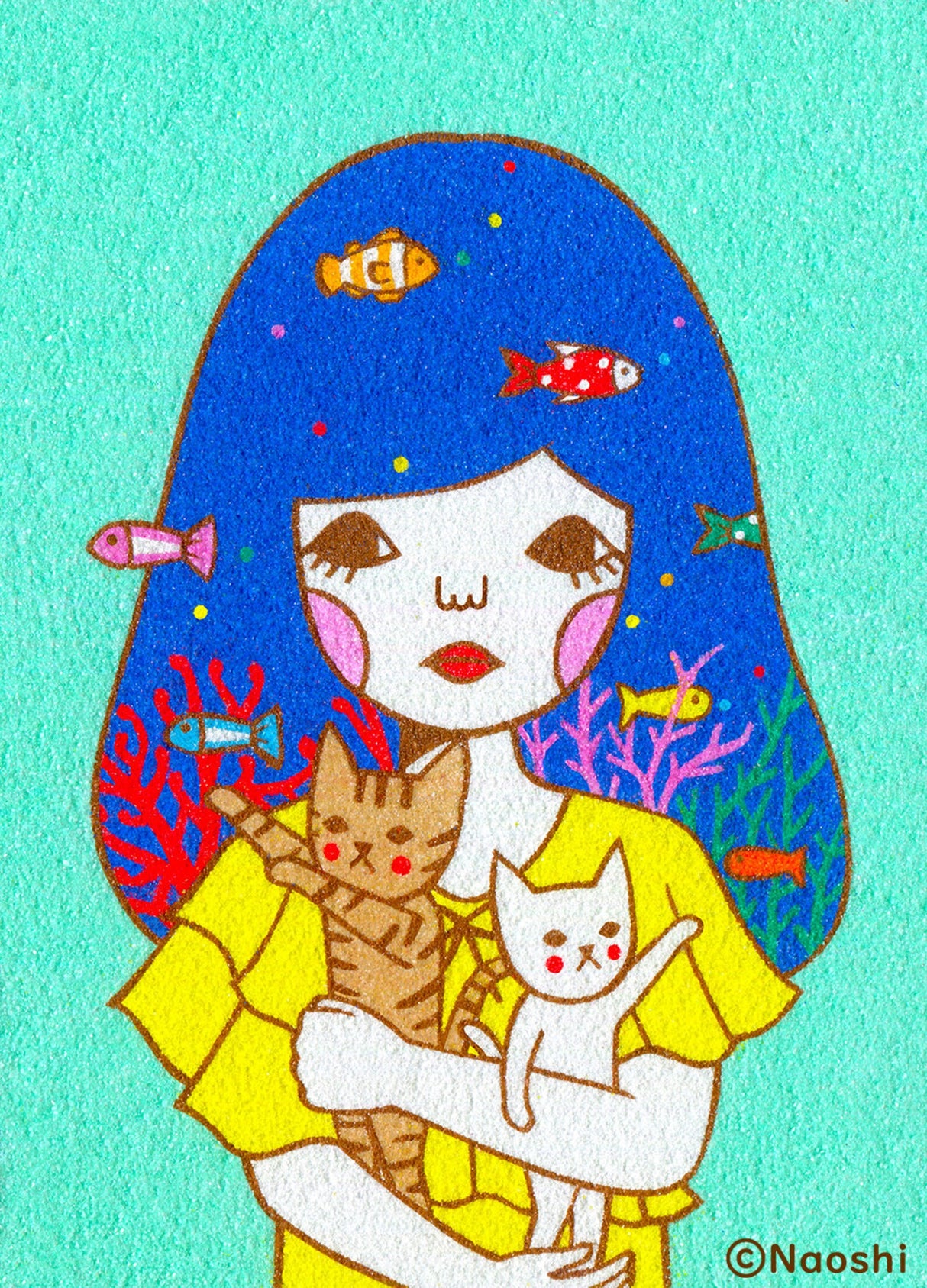 Naoshi My Aquarium Postcard
These postcards are featuring striking colorful and whimsical world. Artwork made with colored sand and then scans them in high quality.