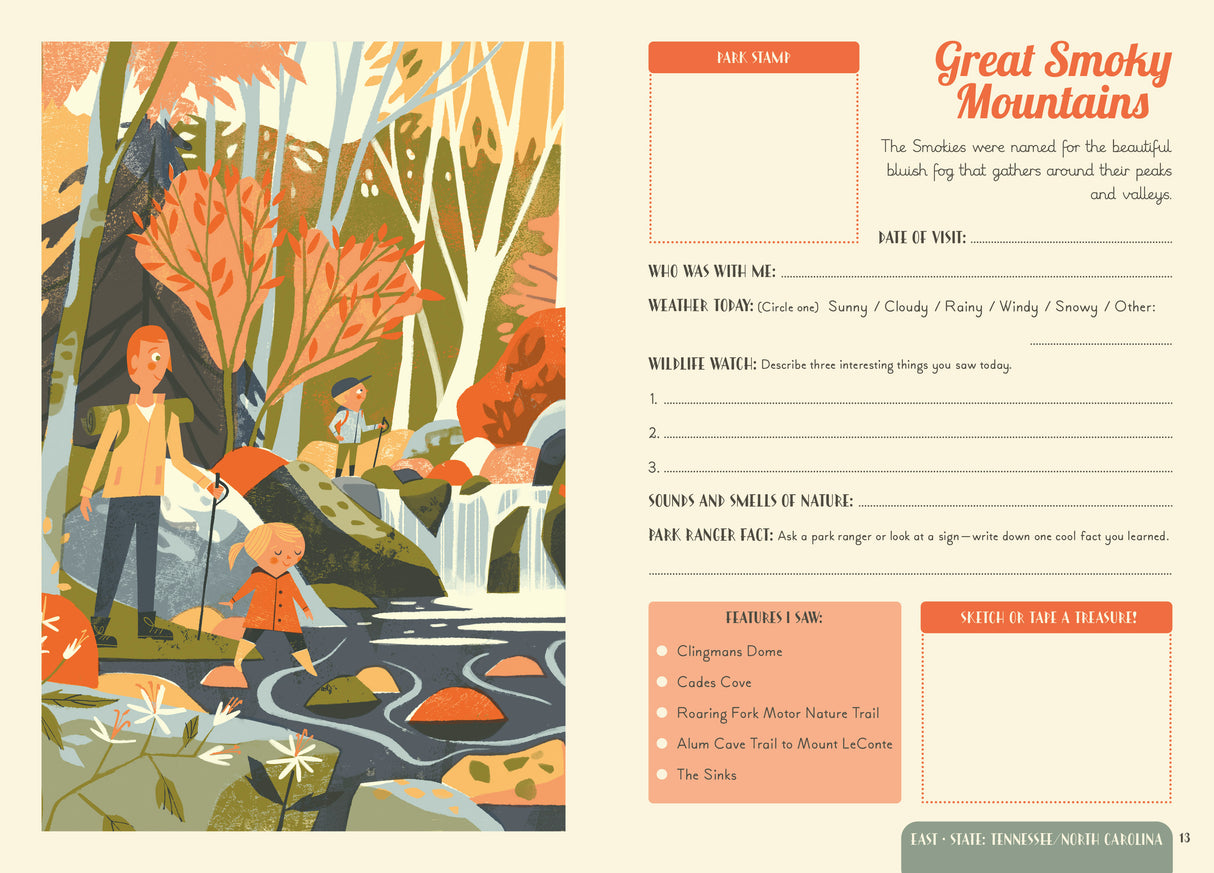 Explore the amazing National Parks with this keepsake journal to document your adventures. With a spread to fill in on 63 National Parks, including parks from each of the 50 States.
Fill in the park name, date, weather, places you went, things you saw, favorite moment, and note down things to do next time, as well as adding drawings, pressed flowers or leaves, rubbings, photos and stamps. There is a spread for each national park and a place to add the unique stamp from every park you visit. Use the spotte