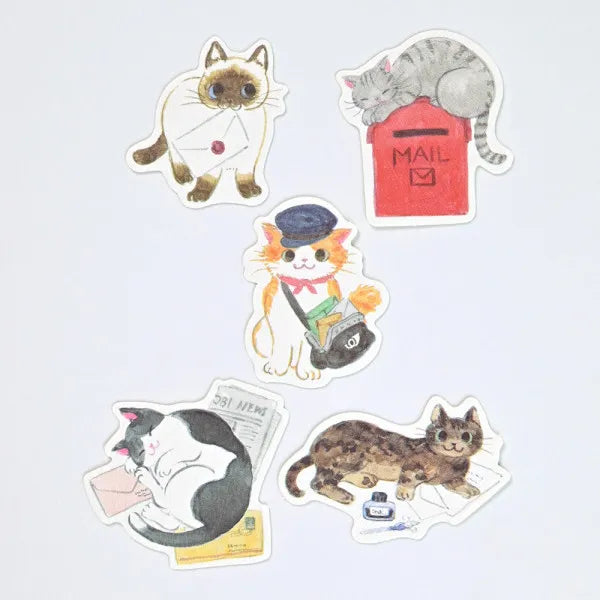 So many cats!! These flake stickers can be used for sealing letters or decorating planners.
I drew motifs related to letters, such as cat delivery workers and mailboxes to make sending and writing letters even more fun.
Nekorobi 5th Anniversary
Height 140×Width 63mm
5 Patterns - 20 Sheets
Crepe Paper Stickers