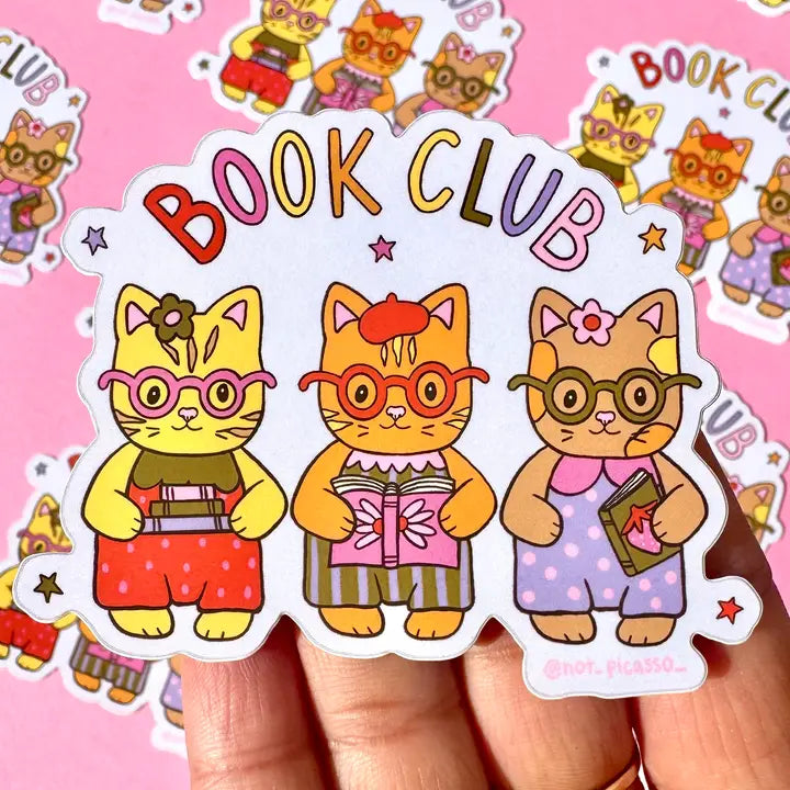 These adorable book themed stickers are perfect for sharing with your book club friends. It features 3 adorable cats with their favorite reads!
These matte vinyl stickers feature an original design and are water, weather, and scratch proof. Perfect for putting on water bottles, computers or just about anywhere else.