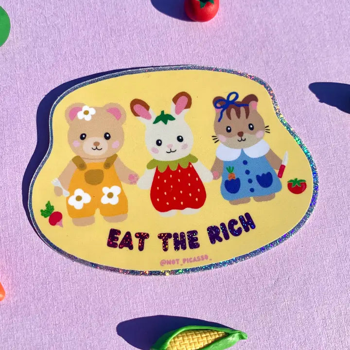 Feeling hungry? This glitter sticker features a great message and cute characters!
These matte vinyl stickers feature an original design and are water, weather, and scratch proof. Perfect for putting on water bottles, computers or just about anywhere else.