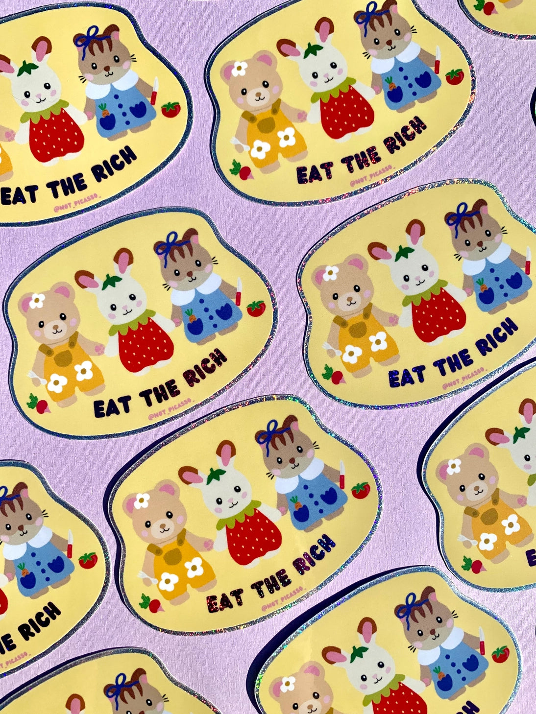 Feeling hungry? This glitter sticker features a great message and cute characters!
These matte vinyl stickers feature an original design and are water, weather, and scratch proof. Perfect for putting on water bottles, computers or just about anywhere else.