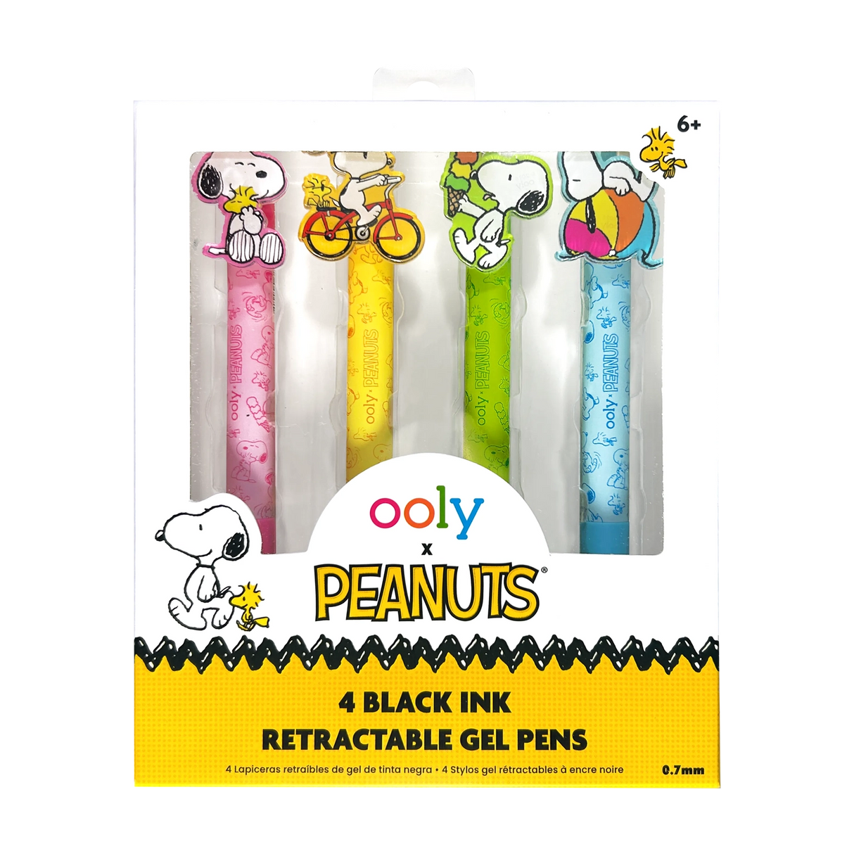 Bring some Peanuts joy to your writing with the OOLY x Peanuts Black Ink Retractable Gel Pens Set! Each of these four retractable pens features a different playful Snoopy scene—Snoopy eating ice cream, hugging Woodstock, riding a bike, and lounging on a beach ball. With colorful barrels in pink, yellow, green, and blue, these black ink pens with gel ink add a fun pop to your school supplies. Jot down notes or sketch Snoopy’s next adventure—these pens make every writing task more enjoyable.