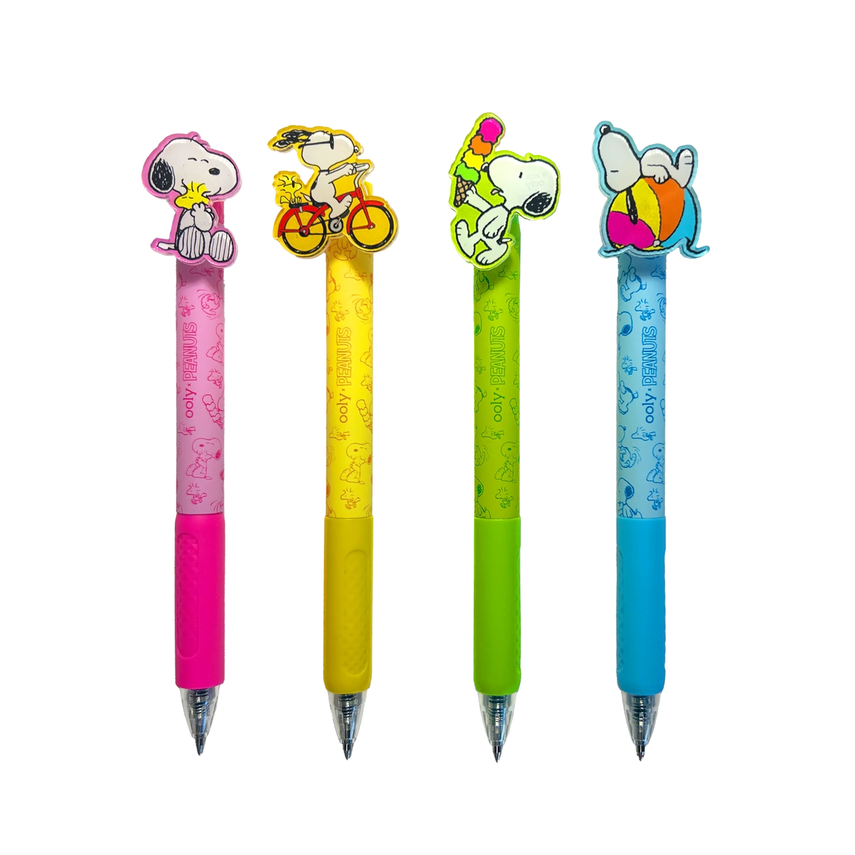 Bring some Peanuts joy to your writing with the OOLY x Peanuts Black Ink Retractable Gel Pens Set! Each of these four retractable pens features a different playful Snoopy scene—Snoopy eating ice cream, hugging Woodstock, riding a bike, and lounging on a beach ball. With colorful barrels in pink, yellow, green, and blue, these black ink pens with gel ink add a fun pop to your school supplies. Jot down notes or sketch Snoopy’s next adventure—these pens make every writing task more enjoyable.