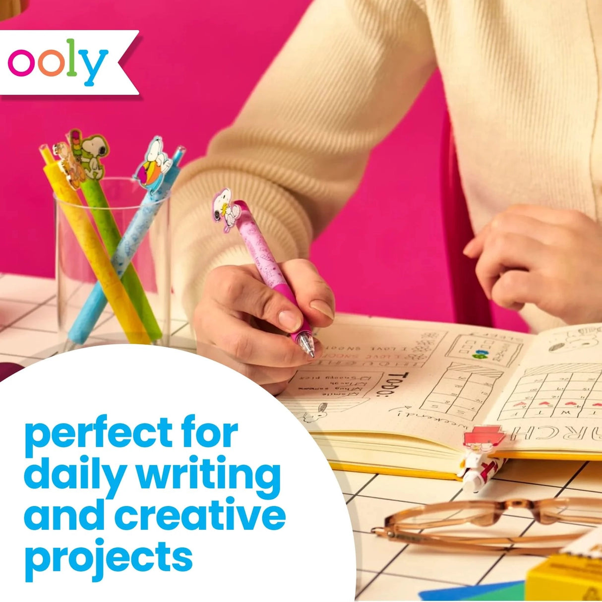 Bring some Peanuts joy to your writing with the OOLY x Peanuts Black Ink Retractable Gel Pens Set! Each of these four retractable pens features a different playful Snoopy scene—Snoopy eating ice cream, hugging Woodstock, riding a bike, and lounging on a beach ball. With colorful barrels in pink, yellow, green, and blue, these black ink pens with gel ink add a fun pop to your school supplies. Jot down notes or sketch Snoopy’s next adventure—these pens make every writing task more enjoyable.