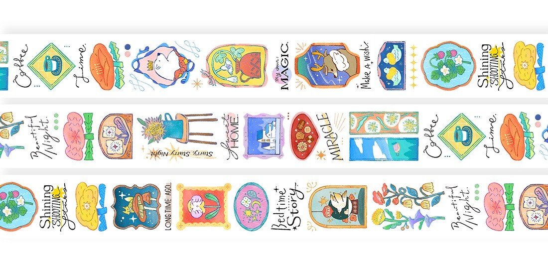 Enjoy these mystical fairy tale themed designs that only come alive during the night time right before bed.
Matte PET Tape
Width: 4.4cm / Length: 10m
88 cm per cycle