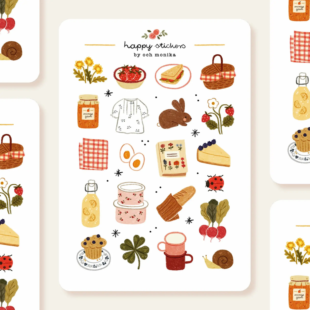 OchMonika Spring Picnic Sticker Sheet
A matte paper sticker sheet filled with cozy, hand-drawn illustrations, perfect for planners, journals, or scrapbooking. It features a outdoor picnic and spring theme, making it a perfect fit for nature lovers and gift boutiques. All designs are lovingly created by Monika Szczerbińska.