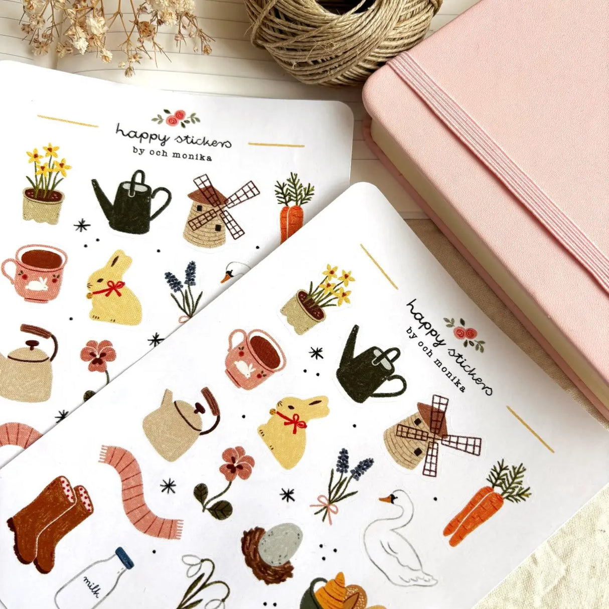 A matte paper sticker sheet filled with cozy, hand-drawn illustrations, perfect for planners, journals, or scrapbooking. It features a cozy spring and hygge season theme, making it a perfect fit for mindful living enthusiasts. All designs are lovingly created by Monika Szczerbińska.