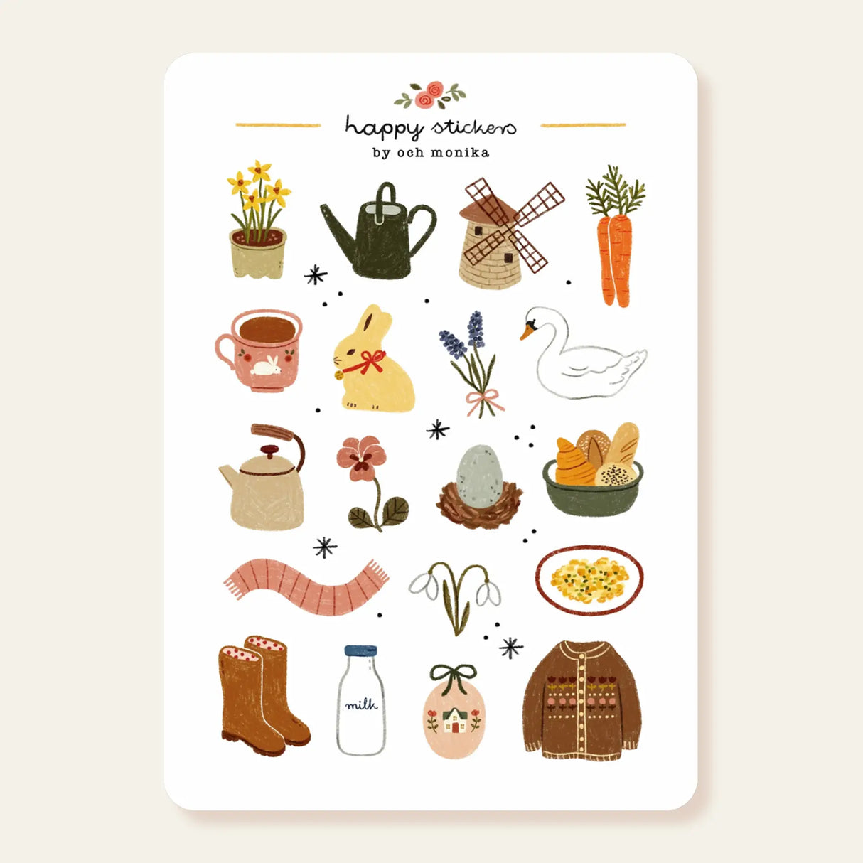 A matte paper sticker sheet filled with cozy, hand-drawn illustrations, perfect for planners, journals, or scrapbooking. It features a cozy spring and hygge season theme, making it a perfect fit for mindful living enthusiasts. All designs are lovingly created by Monika Szczerbińska.