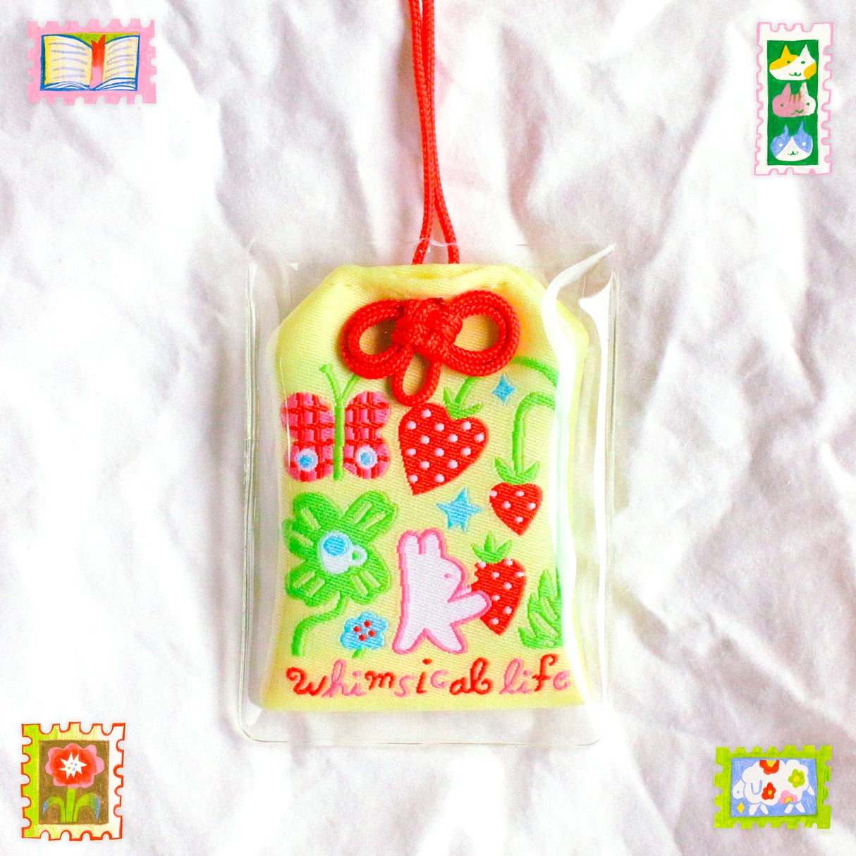 2x2.5 omamori charm with a 8 inch string.
An omamori is a Japanese charm that provides protection and luck!