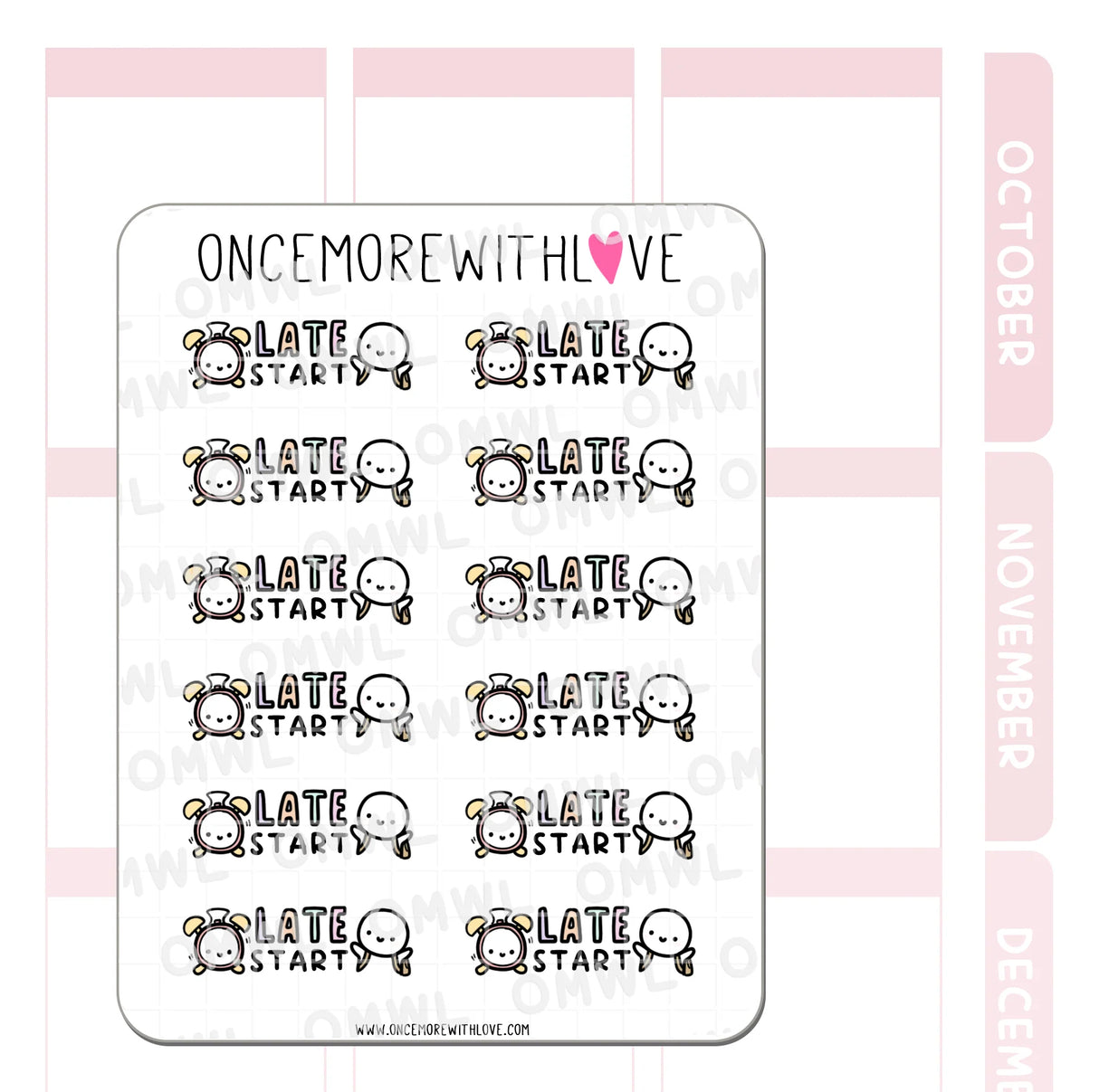 Once More With Love - M1101 Late Start Sticker Sheet
Any reason to wake up late is worth tracking!
