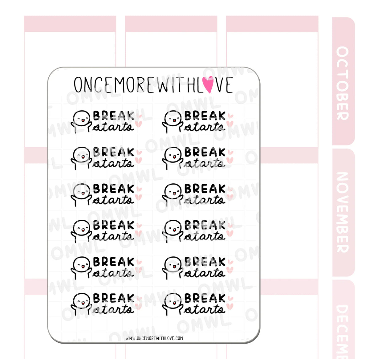 Once More With Love - M1114 Break Starts Sticker Sheet
This sticker is so versatile and can be used whether or not you are a student - we all need a break, and it can start whenever, wherever, annnnd however you want!