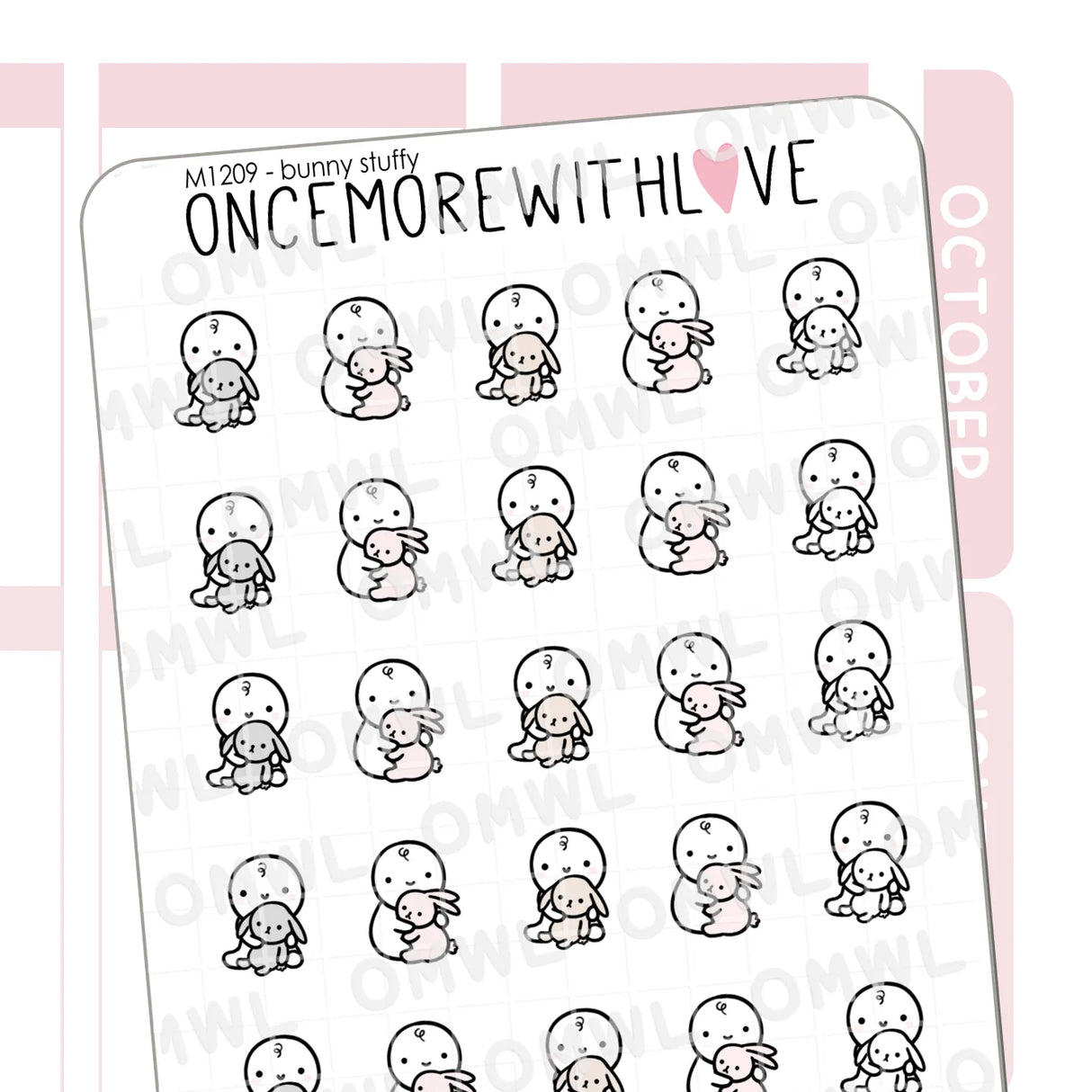 Once More With Love - M1209 Bunny Stuffy Sticker Sheet
Do you have a favourite toy growing up? My baby girl is so in love with her bunny stuffy - Seeing the light in her eyes when she holds it dear to her heart just makes me smile!
SPECS:
Size - Each sheet is approximately 4.5x3.5 (regular size) inches.
Type - Designed for all planners, organizers, calendars, bullet journals, and traveler's notebooks
Material - Non-removable matte white adhesive paper
Design - All designs are origi