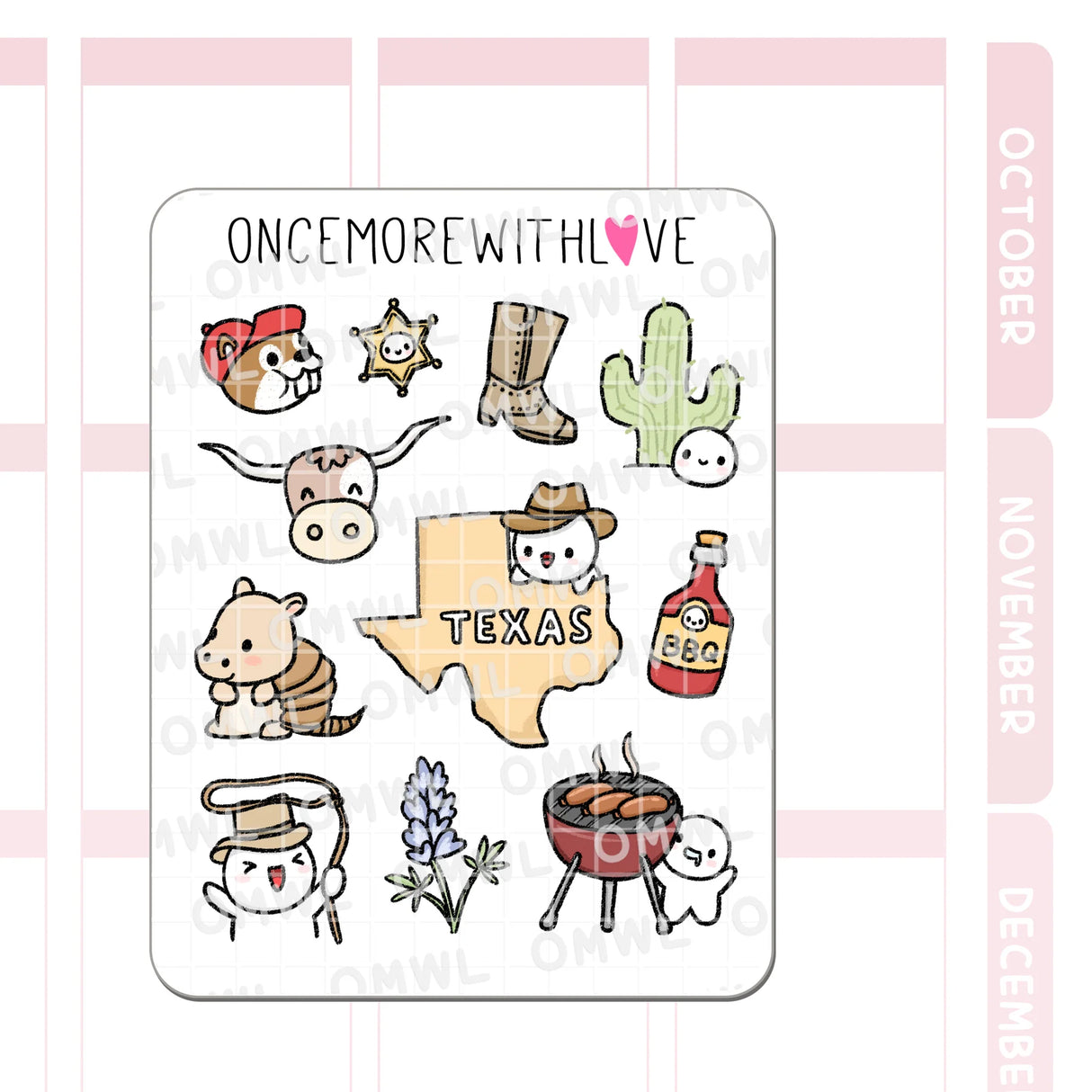 Once More With Love - M1544 Travel the World: Texas Sticker Sheet
Howdy!! Munchkins are in TEXAS! This sheet first made its debut at LittleCraftFest and we sold out of all of them within half a day sooo now's your chance to pick one up!