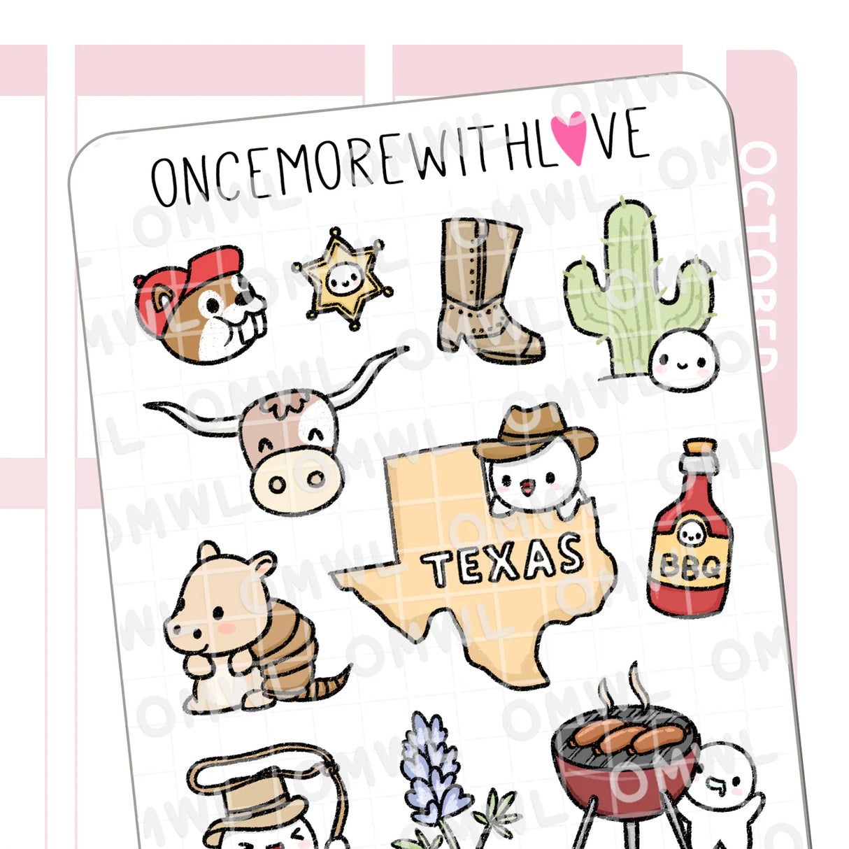 Once More With Love - M1544 Travel the World: Texas Sticker Sheet
Howdy!! Munchkins are in TEXAS! This sheet first made its debut at LittleCraftFest and we sold out of all of them within half a day sooo now's your chance to pick one up!