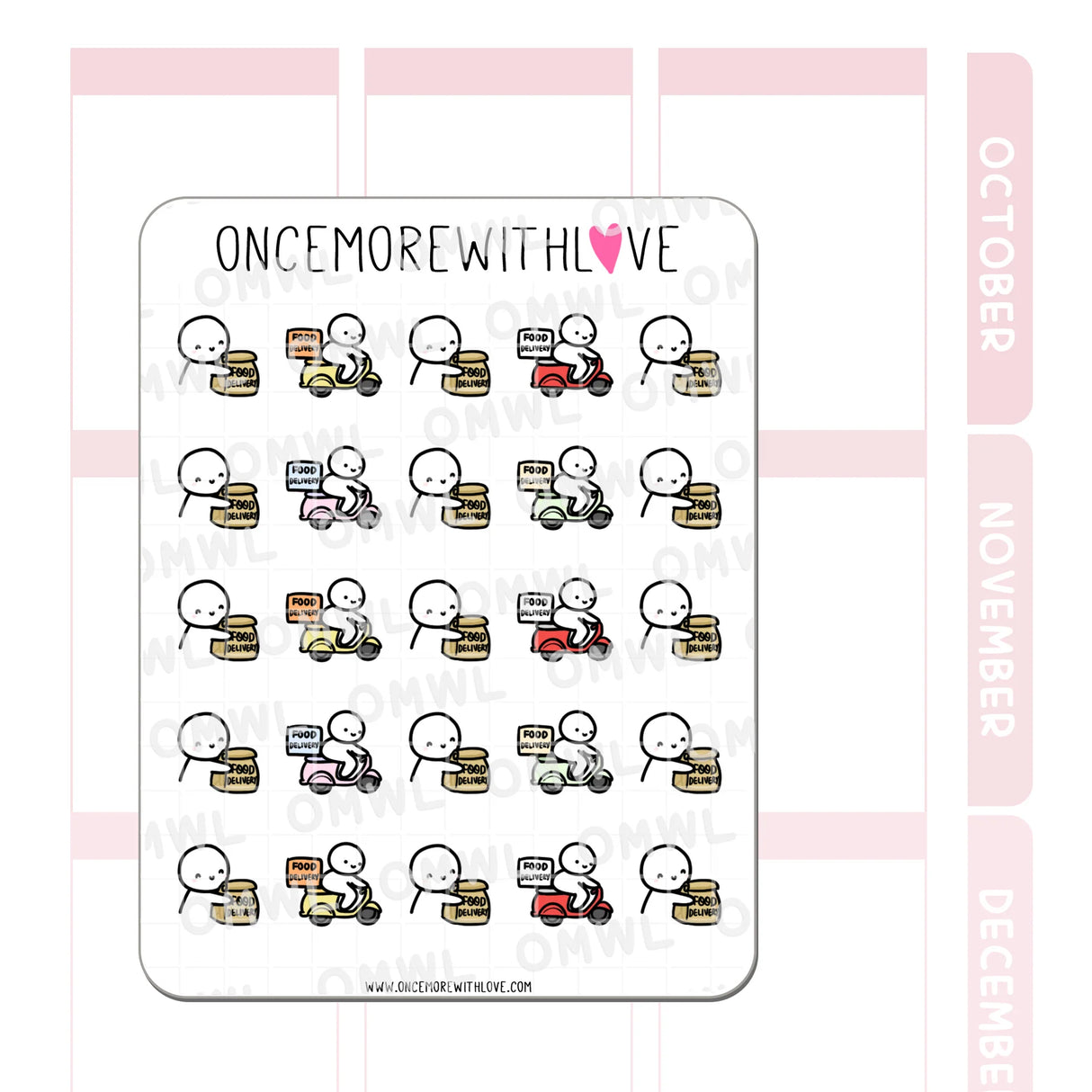 Once More With Love M789 Food Delivery Sticker Sheet
Stickers for when you get food delivery! Yum yum!