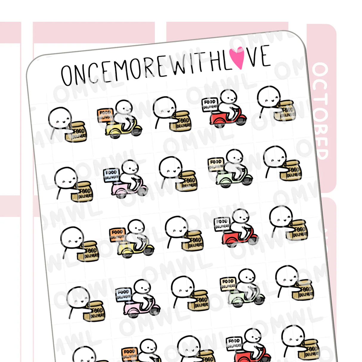 Once More With Love M789 Food Delivery Sticker Sheet
Stickers for when you get food delivery! Yum yum!