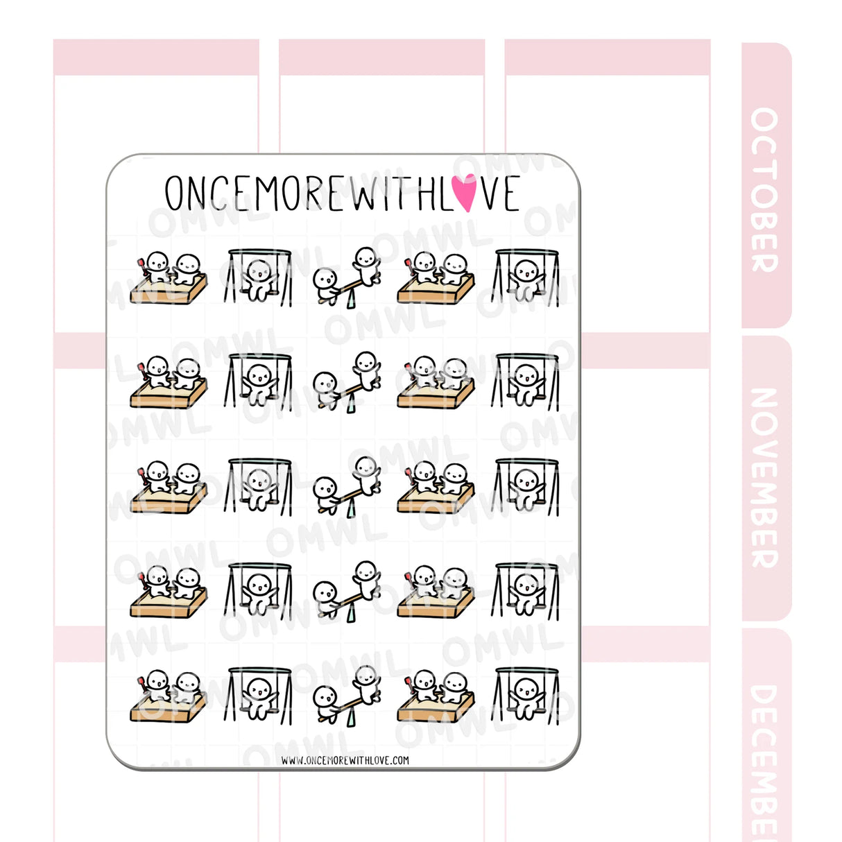 Once More With Love M868 Playdate 3.0 Sticker Sheet
A sheet for marking your munchkin's play dates! On the swings, in the sandbox, and on a see-saw! Works well for scheduling all sorts of play dates!