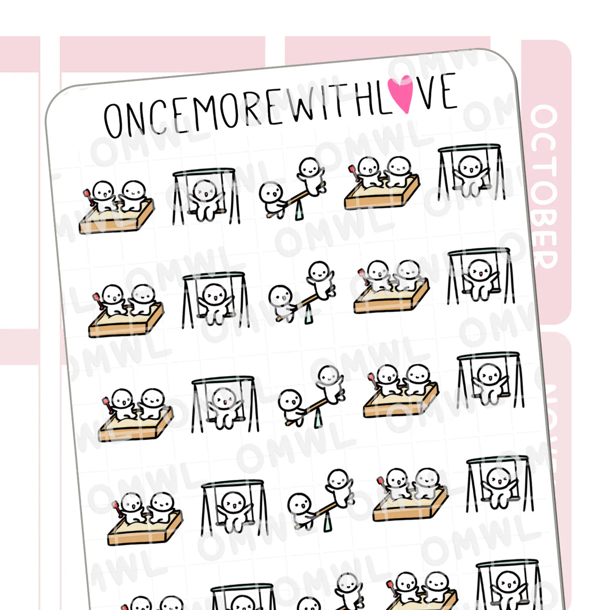 Once More With Love M868 Playdate 3.0 Sticker Sheet
A sheet for marking your munchkin's play dates! On the swings, in the sandbox, and on a see-saw! Works well for scheduling all sorts of play dates!