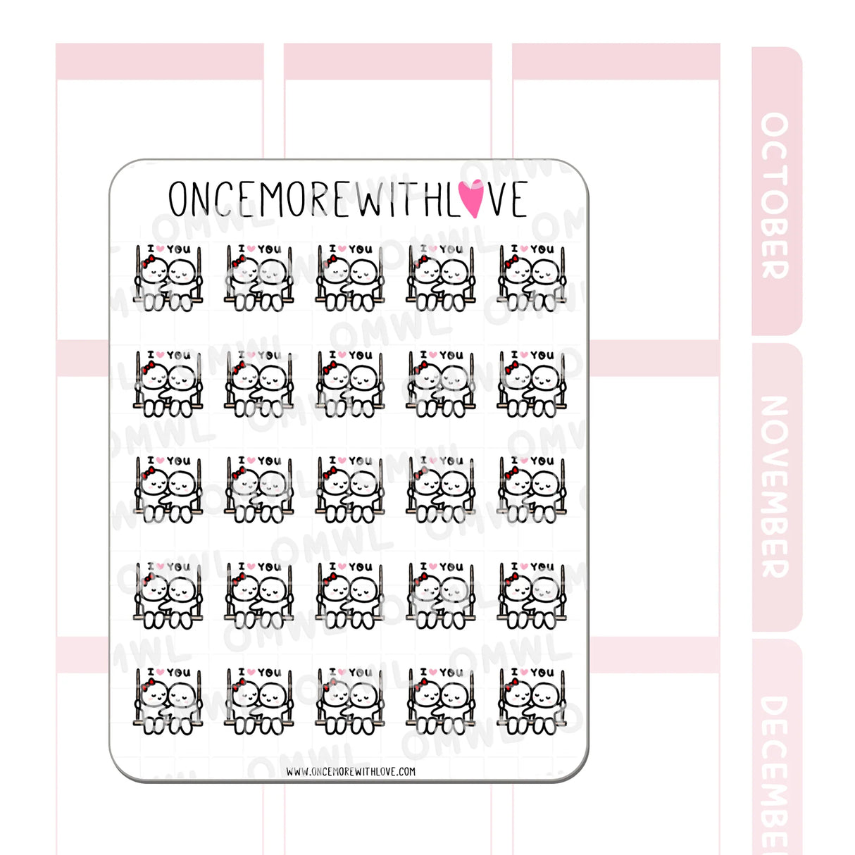Once More With Love M877 I Love You Swing Sticker Sheet
Munchkins in love and sitting ever so adorably on a swing!