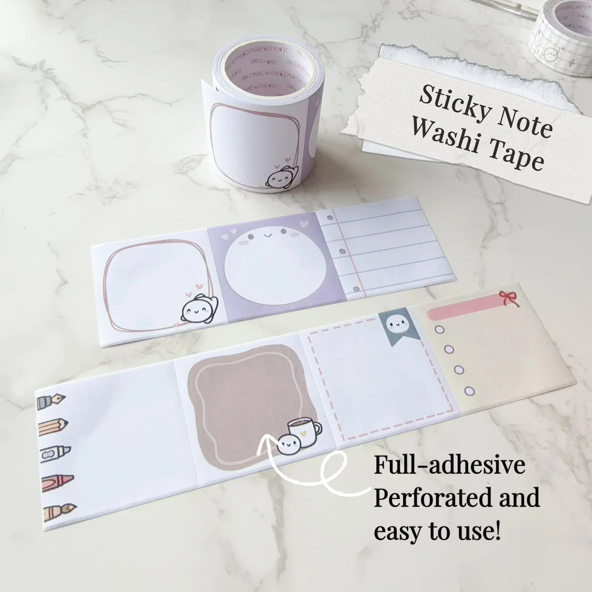 The cutest little memos! Sticky note washi that's perfect for jotting down reminders, lists, and happy thoughts!
WHAT YOU RECEIVE:
1 roll of exclusively designed 1.75" washi tape
These washi tapes are great for decorating your munchkin planner spreads or for creating cards, scrapbook pages, or journals :)
Washi tapes come shrink wrapped. No other packaging provided!
SIZE: 1.75" x 10m
MATERIAL: washi tape