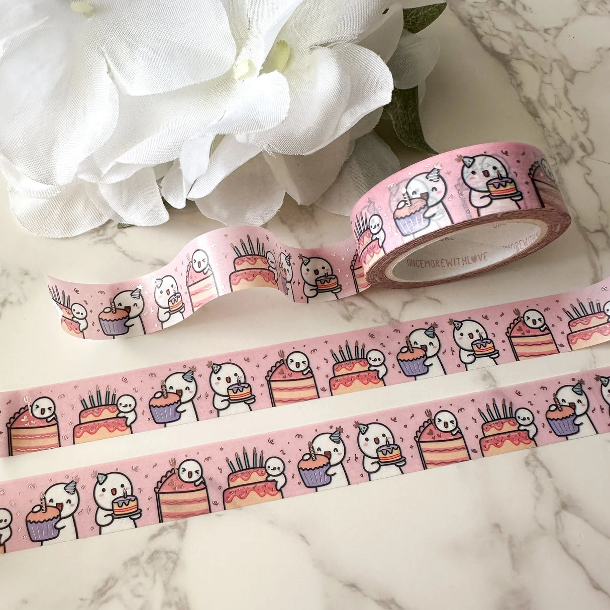 Once More With Love WASHI 15mm - Birthday Cake + Satin Pink Foil