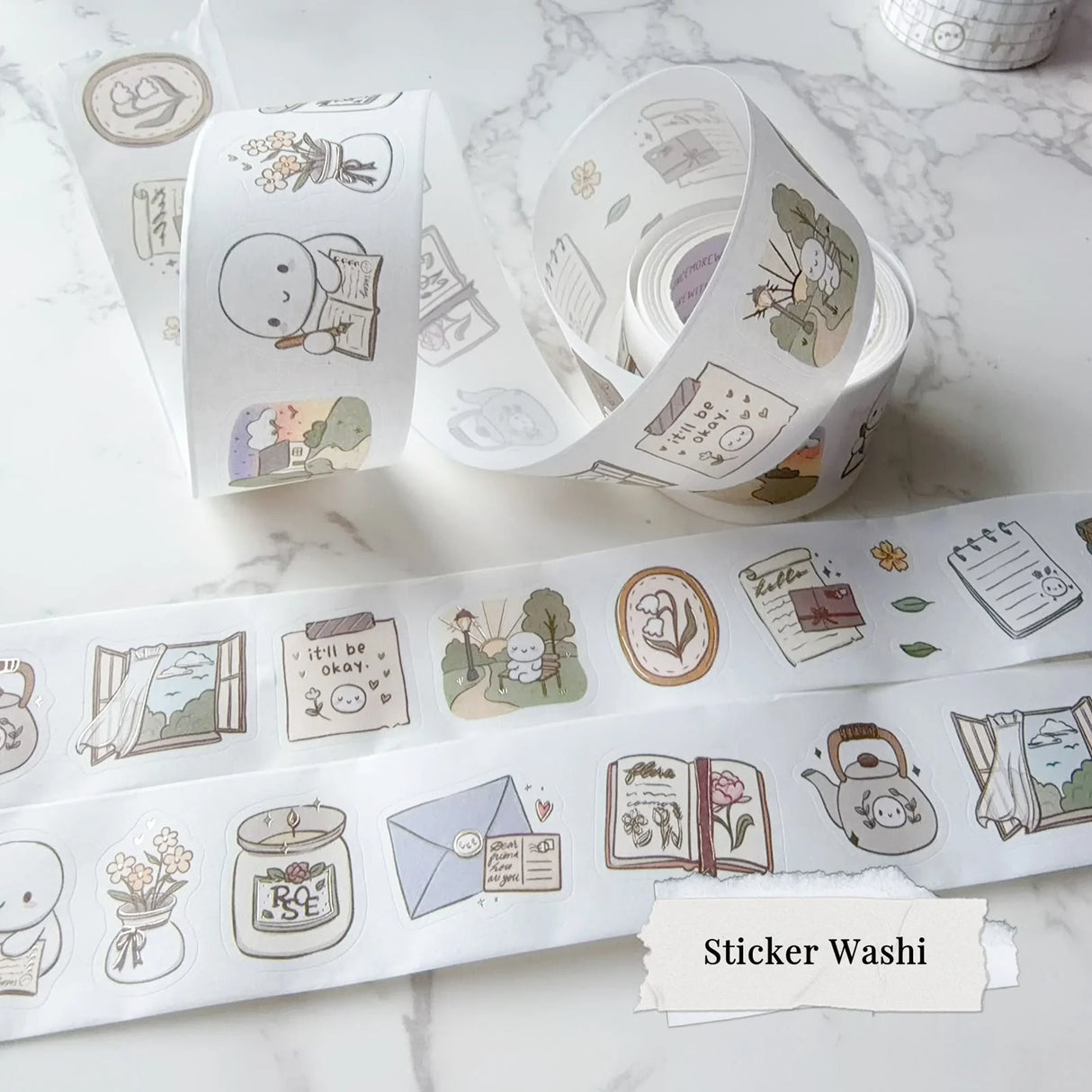 A peaceful little moment, one sticker at a time! Individually peelable washi stickers featuring cozy illustrations, finished with beautiful pearlized gold foil.
WHAT YOU RECEIVE:
1 roll of exclusively designed 30mm washi tape!
These washi tapes are great for decorating the bottom of many planner spreads or for creating cards, scrapbook pages, or journals :)
Washi tapes come shrink wrapped. No other packaging provided!
SIZE: 30mm x 10m
MATERIAL: washi tape