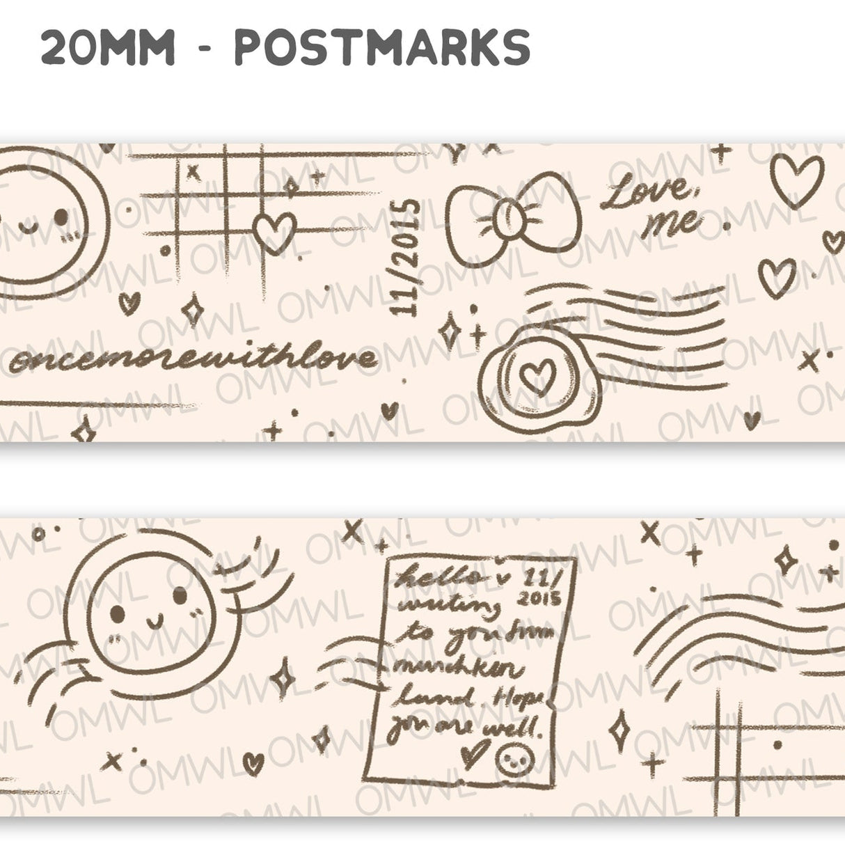 Tried to make it look like postmarks on washi tape! I am totally obsessed with this new design!
WHAT YOU RECEIVE:
1 roll of exclusively designed washi tape by Once More With Love
These washi tapes are great for decorating your munchkin planner spreads or for creating cards, scrapbook pages, or journals :)
Washi tapes come shrink wrapped. No other packaging provided!
SIZE: 20mm x 10m
MATERIAL: washi tape