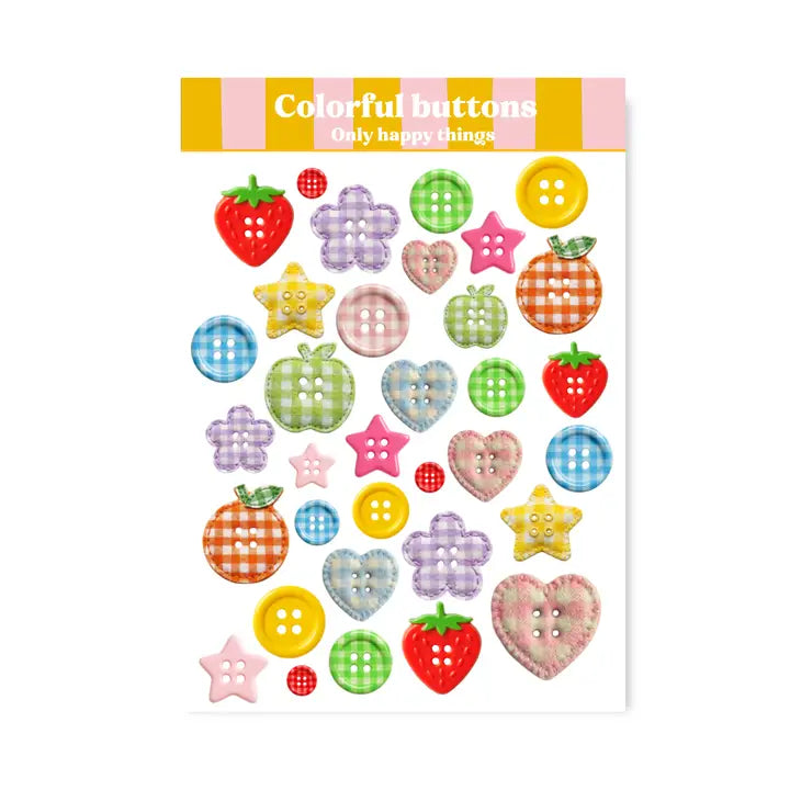 Brighten your crafts with this charming A6 sticker sheet featuring colorful button designs. These stickers are perfect for journaling, scrapbooking, pen‑pal mail, planners, and all your creative projects.
A6 (105 x 148mm)
Printed on matt coated paper