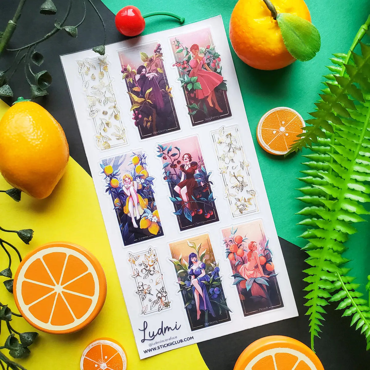 🍒🍋 @ludmilacerafoce’s fruity fashionistas are serving looks inspired by blackberries, raspberries, lemons, cherries, blueberries, and peaches! Draped in juicy colors and surrounded by oversized fruit and foliage, each glamorous girl brings her own bold personality to the garden. Finished with gleaming foil accents, this sheet is one seriously fresh-picked lineup! Art by: @ludmilacerafoce
Top Coating: Gold foil
Adhesive Layer: PVC (plastic)
Backing Layer: Clear PET
6.69" x 3.54".
Weight .03lbs