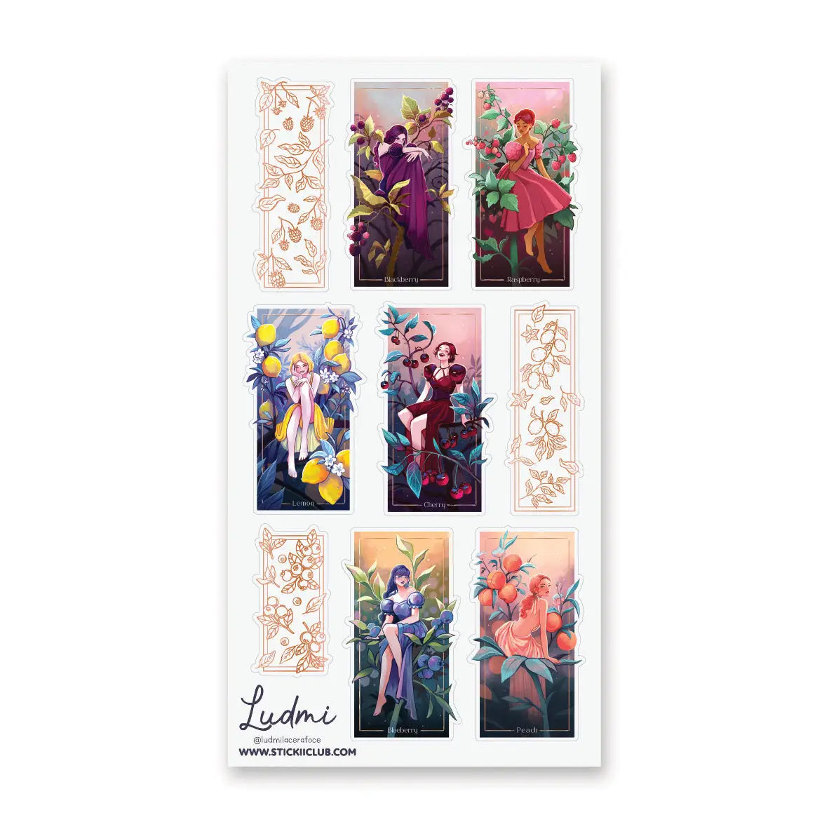🍒🍋 @ludmilacerafoce’s fruity fashionistas are serving looks inspired by blackberries, raspberries, lemons, cherries, blueberries, and peaches! Draped in juicy colors and surrounded by oversized fruit and foliage, each glamorous girl brings her own bold personality to the garden. Finished with gleaming foil accents, this sheet is one seriously fresh-picked lineup! Art by: @ludmilacerafoce
Top Coating: Gold foil
Adhesive Layer: PVC (plastic)
Backing Layer: Clear PET
6.69" x 3.54".
Weight .03lbs
